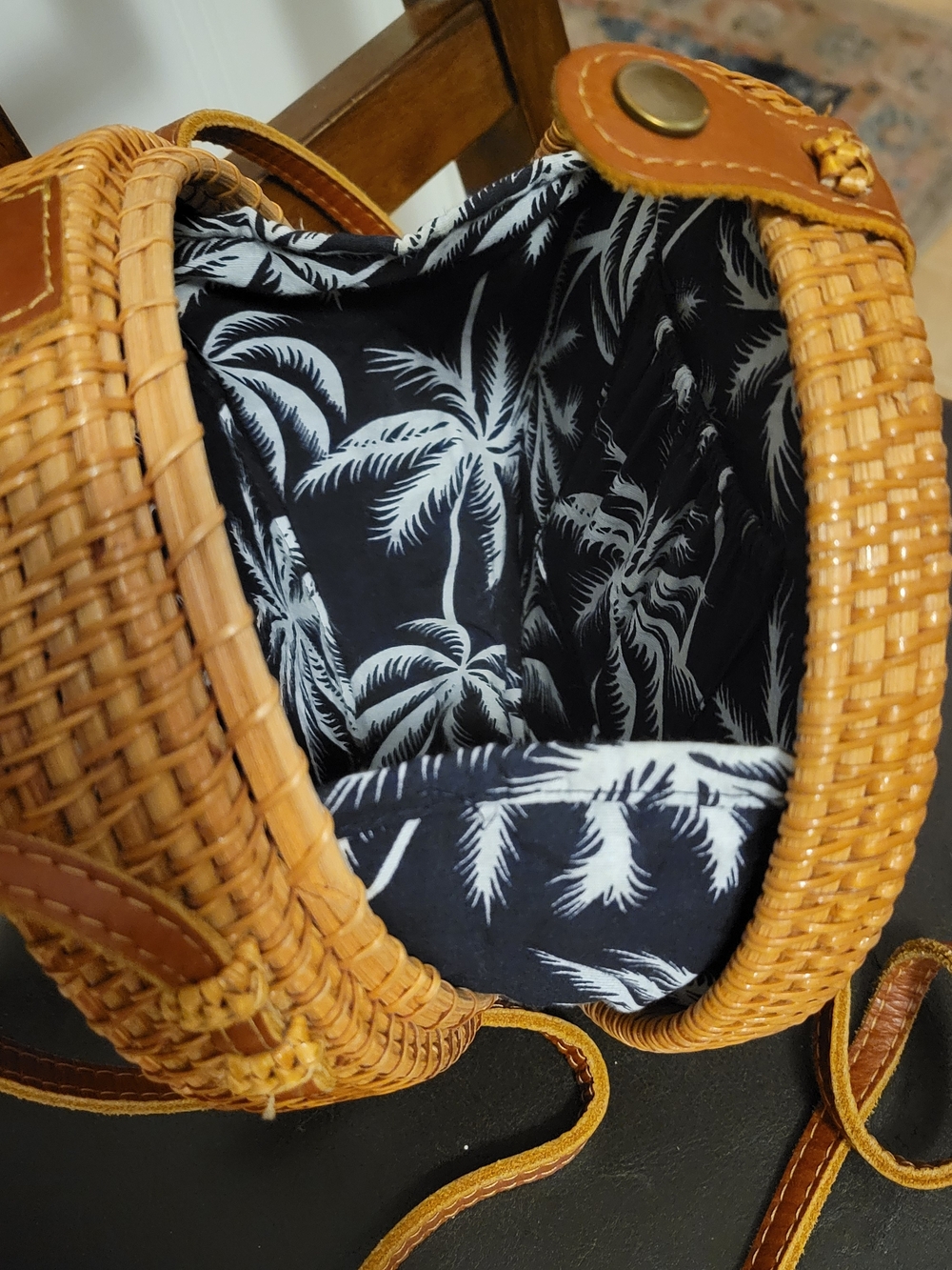 Woven Round Crossbody Bag in Tan/Leather Strap - Picture 4 of 6